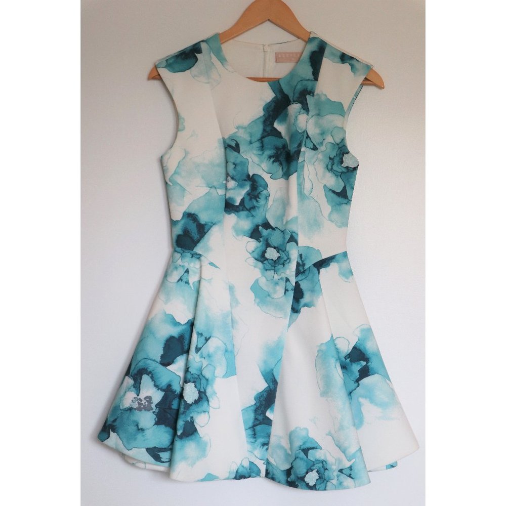Teal and White Floral Fit and Flare Dress